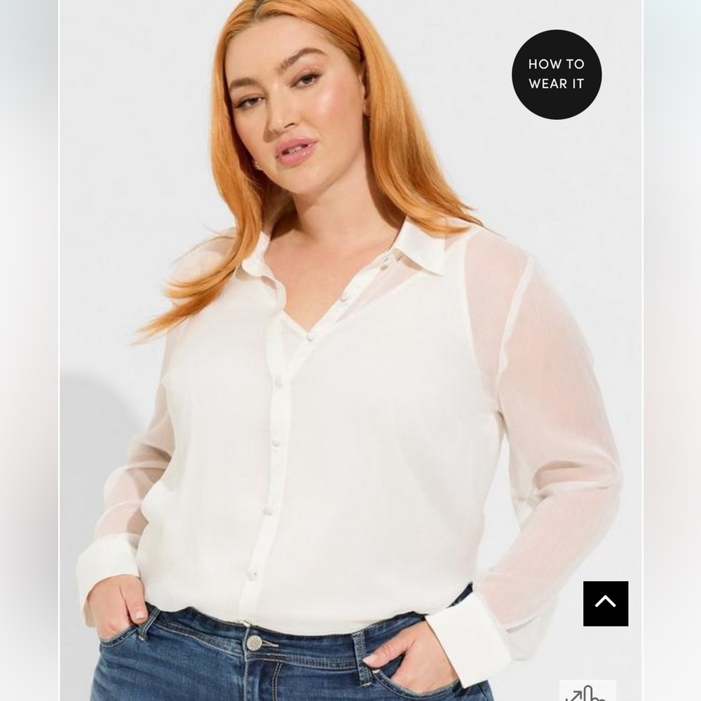 torrid White Sheer-Sleeve Button Down Blouse